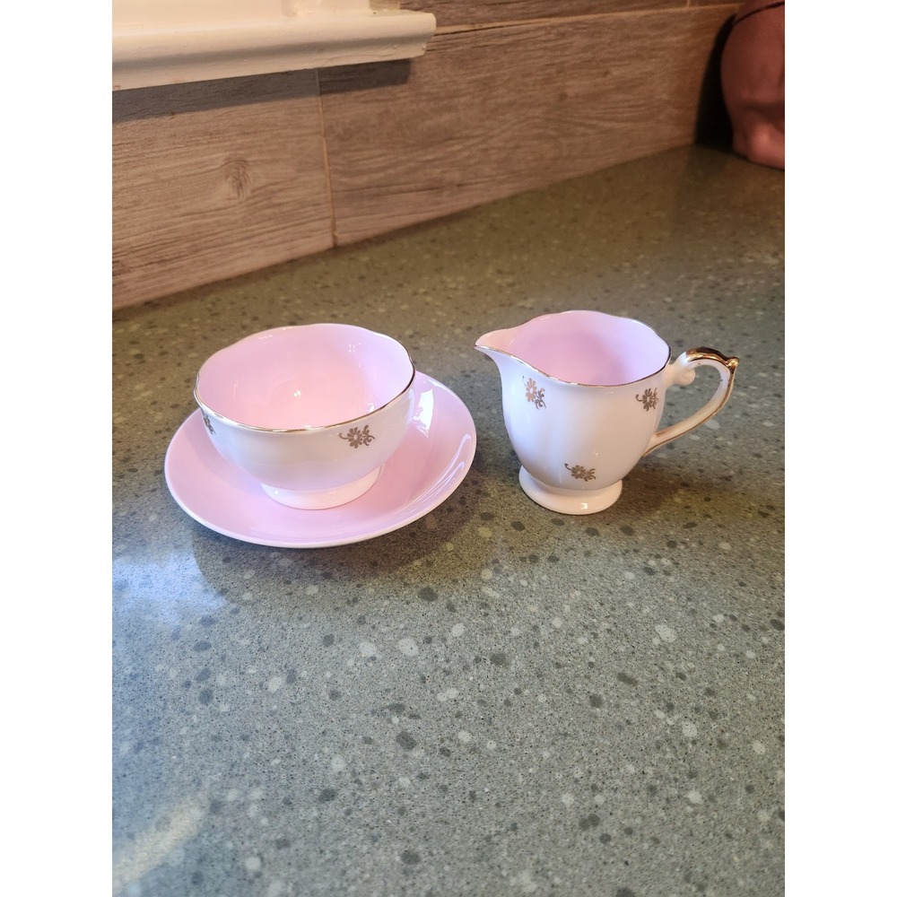 VTG Queen/Princess Anne Open Sugar Creamer Saucer Set, Bone China Pink & Gold